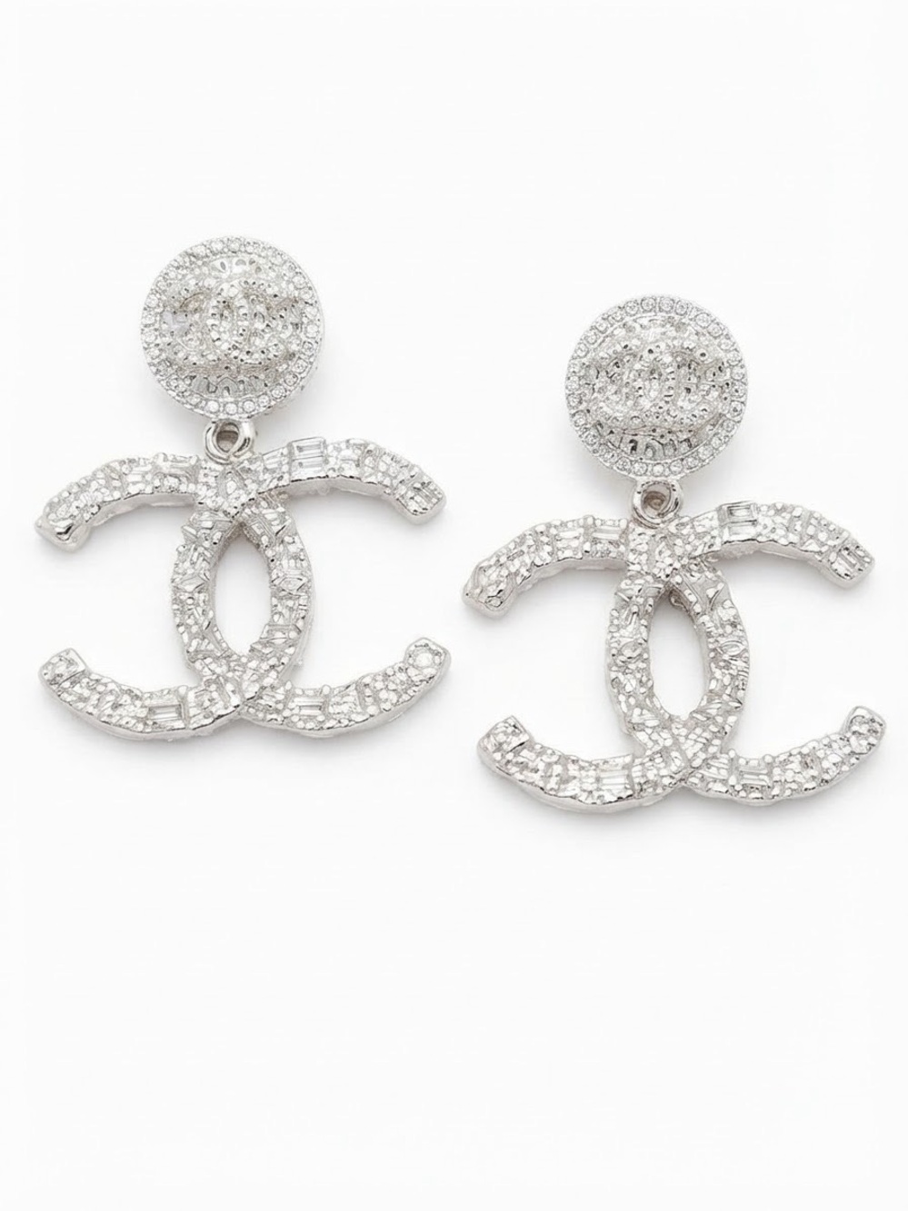 Silver Tone Crystal Interlocking Letter C Drop Earrings